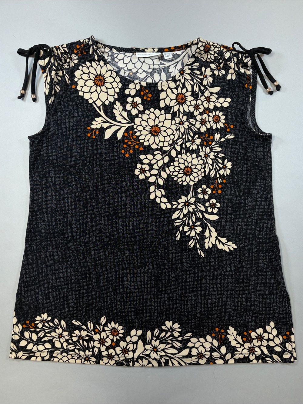 Susan Graver Black Charcoal Cream Floral Sleeveless Ruched Shoulder Knit Top